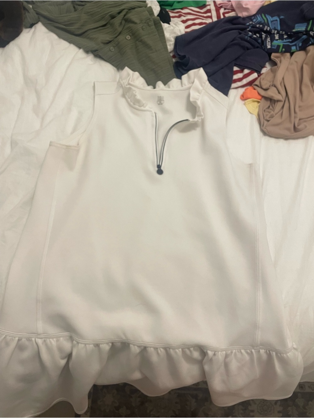Tail White Sleeveless Ruffle-Hem Half-Zip Tunic